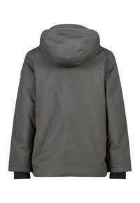 Harmaa vedenpitävä takki hupulla, jossa on sileä pinta ja elastiset hihansuut. Suunnittelussa on suora selkäosa ja minimaalista ommeltua koristelua.