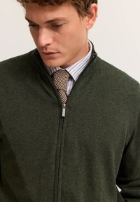 Dunkelgrüner Reißverschluss-Pullover mit einem gerippten Kragen und dezentem Logodetail. Das Modell trägt ein gestreiftes Hemd und eine Hahnentritt-Krawatte.