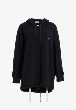 Sweat à capuche noir oversize avec poche avant, cordons sur la capuche et l'ourlet, et petit logo blanc "balenciaga" sur la poitrine gauche.