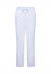 Ελαφρύ παντελόνι πιτζάμας σε ανοιχτό μπλε με κάθετες άσπρες ρίγες. Διακοσμημένο με μικρές ναυτικές μπλε τελίτσες και ελαστική μέση με κορδόνι.