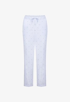 Lette pysjbukser i lys blå med vertikale hvite striper. Har små marineblå prikker og elastisk midjebånd med snor.