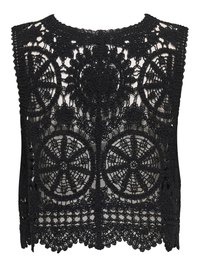 Haut noir sans manches en crochet avec des motifs floraux et circulaires en dentelle, présentant un ourlet festonné et un design ajouré complexe.