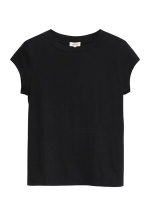 Czarny t-shirt z krótkim rękawem i okrągłym dekoltem, z małą metką na kołnierzu.