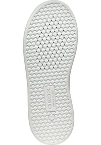 Semelle en caoutchouc blanc avec un motif texturé en diamant, comportant des trous de ventilation et une étiquette de logo de marque.