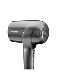 Sèche-cheveux noir avec une finition brillante, doté d'un embout rond perforé et d'une poignée à texture. Comprend un bouton d'alimentation sur le côté.