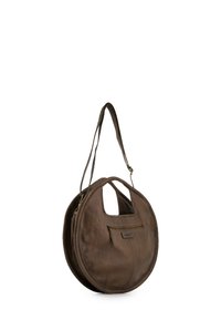 Round brown leather bag with a textured surface, featuring a top handle and a zipper pocket on the front. Adjustable shoulder strap.
