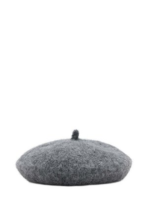 Béret en laine gris avec une petite tige sur le dessus, montré de face sur fond blanc.