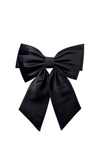 Black satin bow with large loops and long tails, featuring a smooth texture and a central knot for secure attachment.