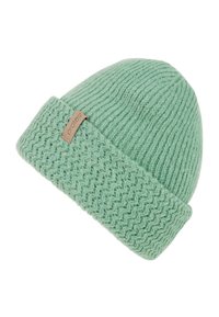 Dzianinowa czapka beanie w miętowym zielonym kolorze z teksturowanym ściągaczem i wzorem w warkocze, z podwiniętym rondem i małą skórzaną naszywką.