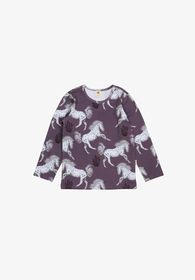 Langärmliges lila Hemd mit einem weißen Pferdemuster, das einen Rundhalsausschnitt und eine weiche Textur aufweist. Schwarze Grasdetails verleihen dem Design eine besondere Note.