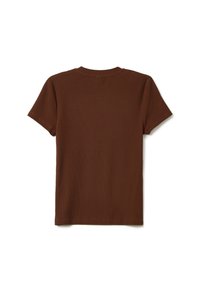 Bruine t-shirt met korte mouwen, voorzien van een geribbelde textuur en een ronde hals. De achterkant heeft een glad ontwerp zonder zichtbare naden.
