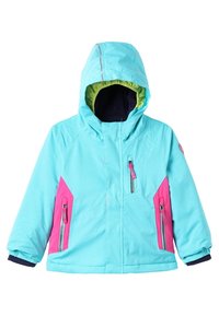 Veste d'hiver pour enfants en bleu clair avec des panneaux latéraux roses, une capuche doublée de vert et des poches zippées à l'avant et sur la poitrine.