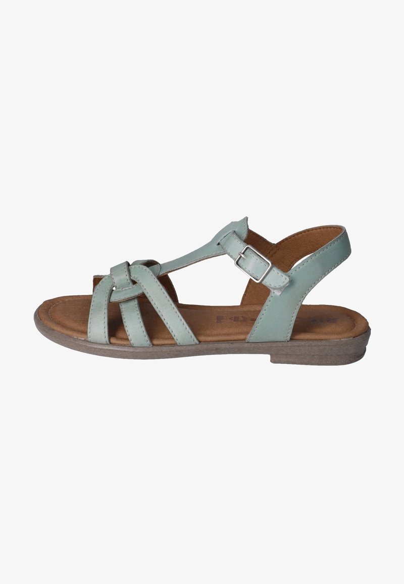 Světle máty zelené sandály s plochou podrážkou, s více pásky tvořícími pletený design a nastavitelnou sponou na kotníku. Hladký kožený povrch.