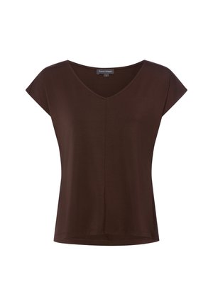 Brązowa damska bluzka z krótkim rękawem, dekoltem w serek i detalem środkowego szwu, wykonana przez Franco Callegari, prezentowana na białym tle.