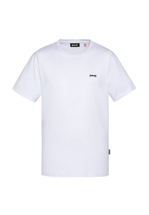 Weißes Baumwoll-T-Shirt mit Rundhalsausschnitt, kurzen Ärmeln und einem kleinen schwarzen Logo auf der linken Brust. Einfaches Design, keine Muster oder Akzente.