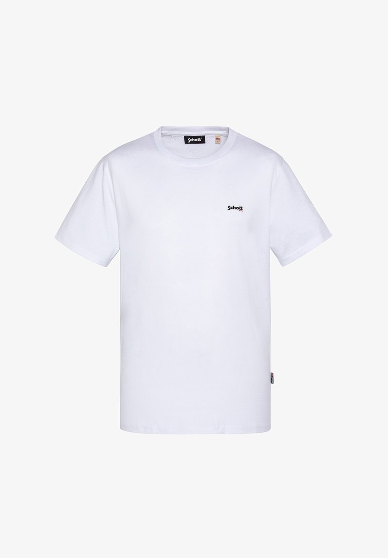 Fehér pamut póló lekerekített nyakkal, rövid ujjakkal és egy kis fekete logóval a bal mellen. Egyszerű dizájn, nincs minta vagy kiegészítő.