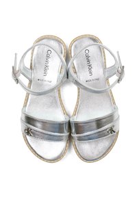 Srebrne klapki na płaskim obcasie z regulowanymi paskami wokół kostki, wykonane z metalicznego materiału, z podwójnym paskiem i małym akcentem z logo.