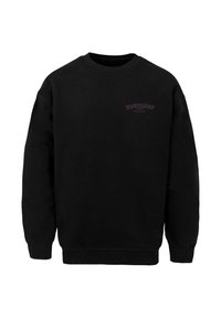 Sweatshirt negru din bumbac, cu guler rotund și manșete riblate. Partea din față, în stânga pieptului, afișează un text de logo violet.