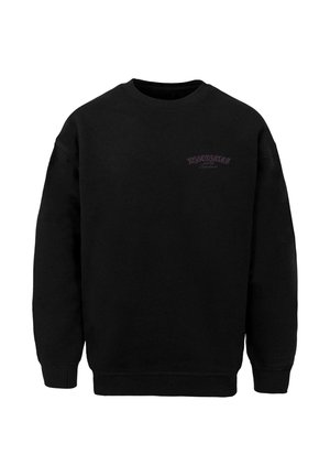 Zwarte sweatshirt van katoen, met een ronde hals en ribgebreide manchetten. Voorzijde linkerkant van de borst toont paarse logotekst.
