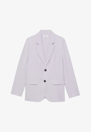 Blazer lilla chiaro con rever a scotto, due tasche frontali e due bottoni neri. Realizzato in un tessuto liscio con una vestibilità su misura.