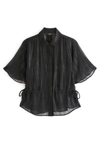 Blouse noire à manches courtes avec un col, réalisée en tissu léger et transparent présentant des rayures verticales argentées et des cordons de serrage ajustables.
