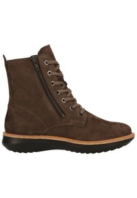 Bottine en daim marron avec fermeture éclair latérale, laçage à l'avant, coutures marron clair et semelle en caoutchouc noire.