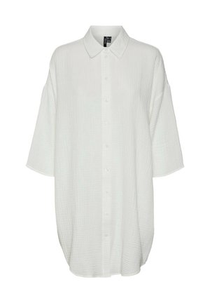 White textured short-sleeve button-up shirt with a pointed collar and relaxed fit.