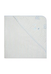 Cotton baby towel, blue and cream striped design, features hood with bear ears and embroidered face. Soft texture, rounded corners.