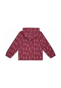 Bordeaux leichte Jacke mit Kapuze, ausgestattet mit einem wiederholten Seepferdchen-Muster in Weiß. Lange Ärmel, elastische Bündchen und ein gerader Saum.