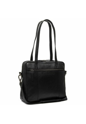 Sac fourre-tout en cuir noir avec double poignées, fermeture zippée et poche extérieure, présentant une texture lisse et un design minimaliste.