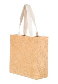 Sac fourre-tout jaune texturé avec un motif ressemblant à des formes entrelacées, doté de poignées en tissu crème et d'un discret détail de logo.