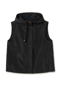 Black sleeveless vest with a hood, made of smooth, shiny material. Features a front zipper and two side pockets. Minimalist design.
