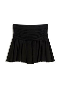 Gonna nera a campana con vita arricciata, realizzata in tessuto testurizzato. Presenta una parte superiore liscia e una parte inferiore fluttuante, adatta per un abbigliamento informale.