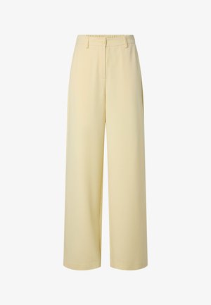 Pantalon large couleur crème avec taille élastique à l'arrière, bouton devant, passants de ceinture et poches latérales.