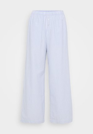 Lichtblauwe gestreepte wijde broek met een elastische tailleband en twee knopen. Gemaakt van zachte stof, met verticale witte strepen.