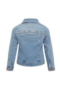 Veste en denim bleu clair avec col, poignets boutonnés et coutures apparentes. Caractérisée par une coupe ajustée et un détail de yoke arrière.