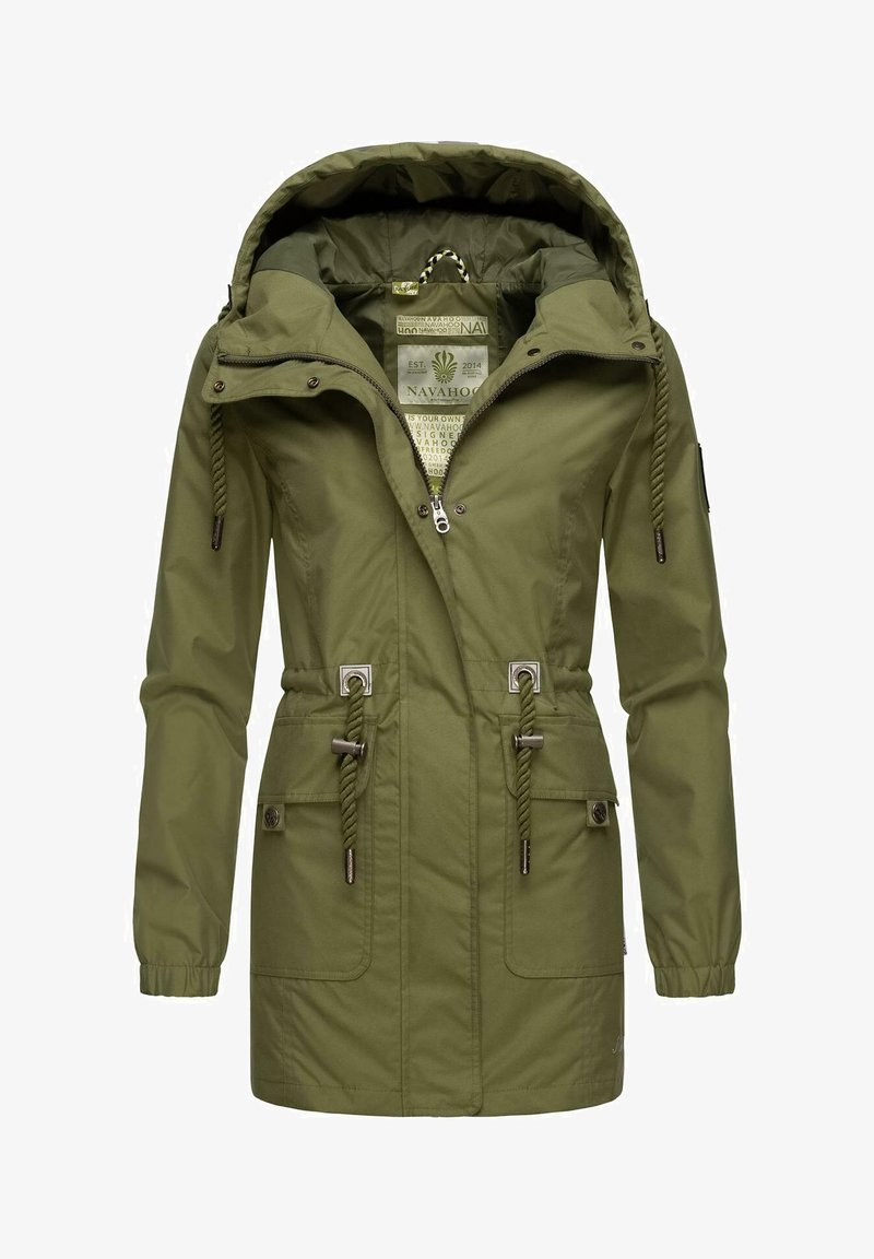 Olive green parka with a hood, drawstring waist, zip closure, and front pockets. Smooth texture and subtle branding inside.