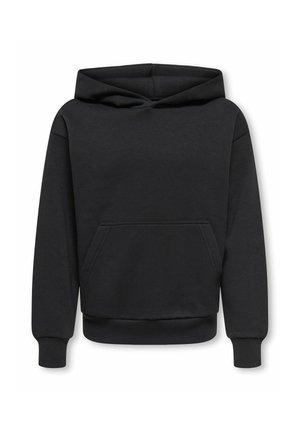 Sweat à capuche noir à enfiler, manches longues, poche kangourou devant, poignets et ceinture côtelés, présenté sur un fond blanc uni.