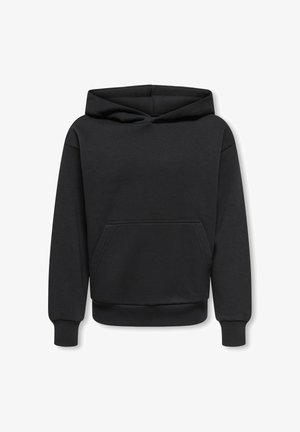 Czarna bluza z kapturem typu pullover z długimi rękawami, przednią kieszenią kangurka, ściągaczami przy mankietach i w pasie, prezentowana na jednolitym białym tle.