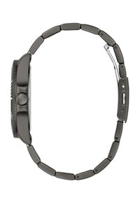 Montre en métal avec une finition noir mat. Comprend un boîtier rond, une lunette texturée et un bracelet en maillons. Mécanisme de fermeture simple.