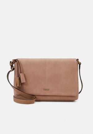 Brown leather crossbody bag with front flap, tassel accents, adjustable strap, and small "PICARD" logo centered on the front.