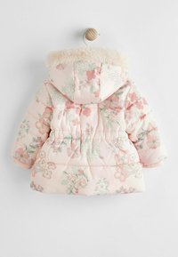 Polstret jakke med blomsterprint i blød pink, med en faux fur hætte, elastisk talje og ribbede manchetter. Ideel til koldt vejr.