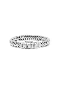 Silver metal bracelet with interlocking links, featuring a clasp closure and engraved logo detail on one side. Smooth, polished finish.