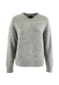 Suéter gris de punto con cuello redondo, puños acanalados y dobladillo. Textura suave, corte relajado y silueta ligeramente holgada.