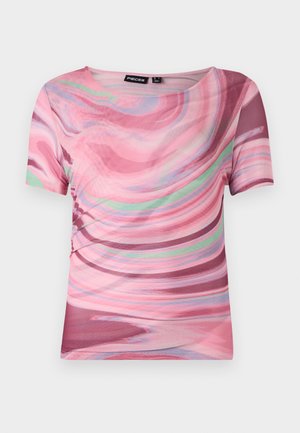 Majica s kratkimi rokavi s spiralo v roza in vijolični barvi, narejena iz lahkega materiala, z okroglim izrezom in raztegljivim krojem.