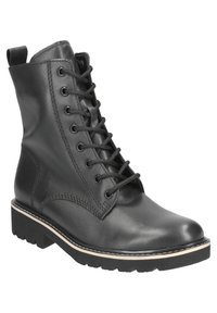 Black leather ankle boot with a round toe, lace-up front, and textured surface. Features a thick sole with a contrasting light trim.