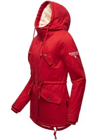 Red jacket with a hood, drawstring waist, and two front pockets. Features soft lining and metal button accents. Durable fabric with a smooth texture.
