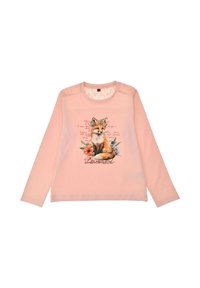 Helles rosa Langarmshirt mit einer Füchse-Illustration, floralem Akzent und Schriftzug, aus weichem Material und mit Spitzen Details an den Schultern.