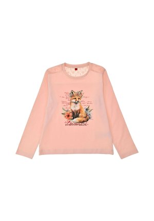 Helles rosa Langarmshirt mit einer Füchse-Illustration, floralem Akzent und Schriftzug, aus weichem Material und mit Spitzen Details an den Schultern.