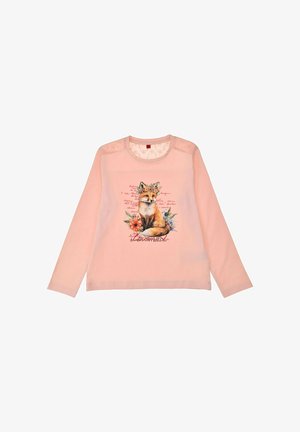 Helles rosa Langarmshirt mit einer Füchse-Illustration, floralem Akzent und Schriftzug, aus weichem Material und mit Spitzen Details an den Schultern.